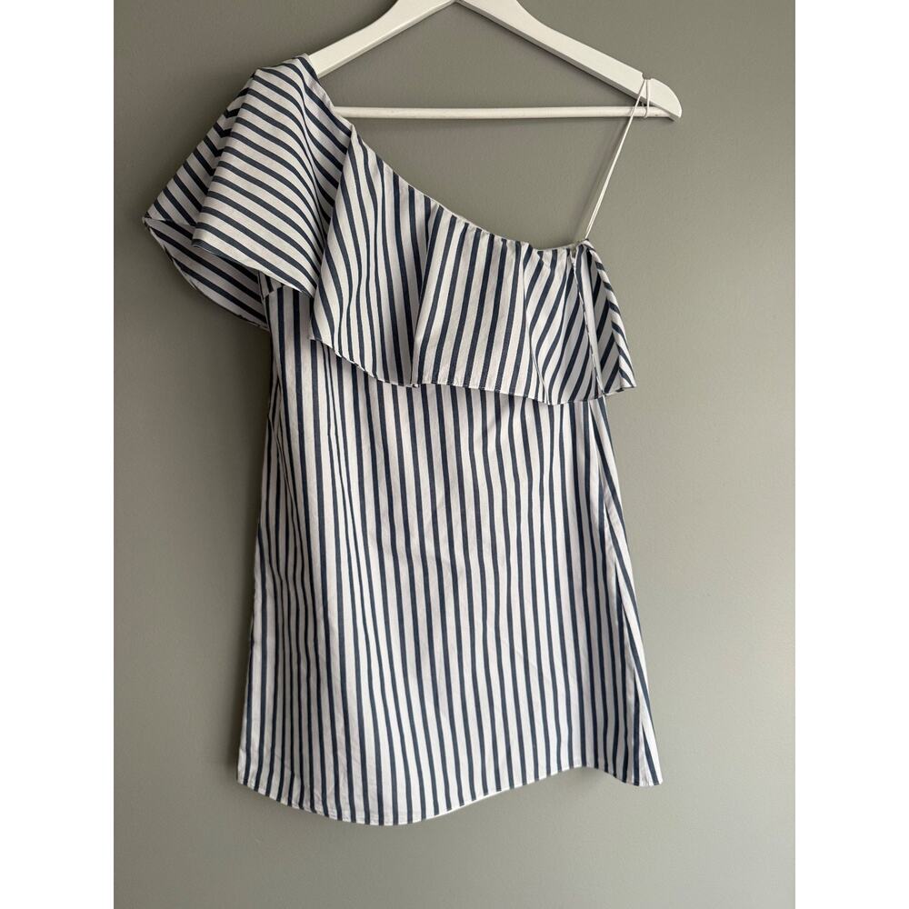 Alice + Olivia Navy White Stripe One Shoulder Ruffle Mini Dress S Zip Closure